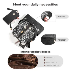 Detailed view of the stylish leopard print backpack featuring multiple functional interior pockets.