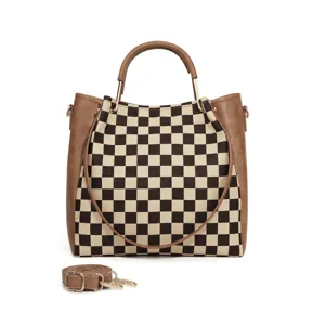 Retro Checkerboard Pattern PU Leather Women Tote Bag Urban Minimalist Shoulder Crossbody Handbag