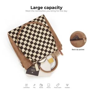 Black and white plaid handbag with large capacity, retro checkerboard shoulder bag for daily use.
