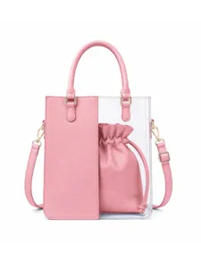 Women Clear PVC Tote Bag Pink PU Leather Handbag Crossbody Bag with Drawstring Pouch