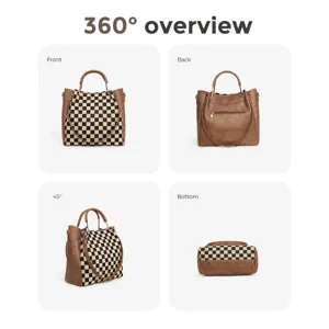 Stylish black and white checkerboard handbag with brown leather trim, versatile tote bag.