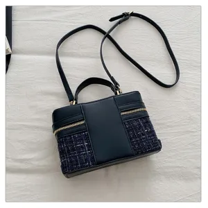 Women vintage tweed box handbag chic contrast color top handle crossbody bag elegant.