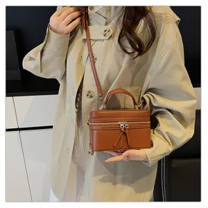 Brown leather box handbag, retro top handle crossbody bag for women daily fashion style