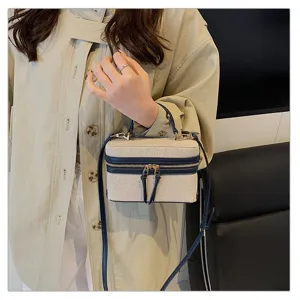 Retro contrast canvas box handbag with top handle and shoulder strap for women fashion daily use.