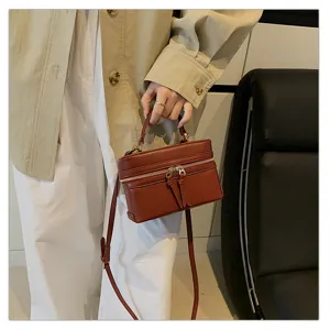 Vintage brown box handbag, trendy women shoulder bag, fashion PU leather top handle bag.