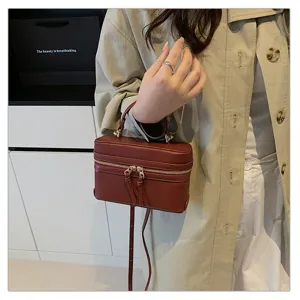 Elegant brown structured vanity bag with top handle and crossbody strap, chic fashion style.