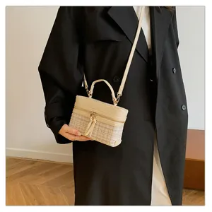 Elegant tweed box handbag with top handle and strap, chic retro style for daily wear.