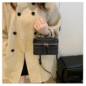 Black tweed box handbag for women, vintage style small square crossbody shoulder bag.