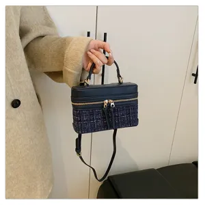 Chic tweed and PU colorblock box handbag, vintage small top handle bag with adjustable strap for daily.