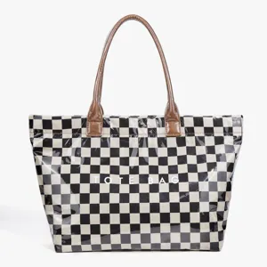 Women Fashion Retro Checkerboard Tote Bag Large Capacity Transparent PVC Casual Commuter Handbag Shopping Bag