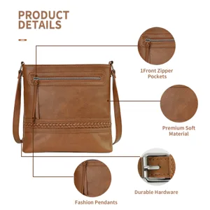 Women brown PU leather crossbody shoulder bag with zipper pocket and adjustable strap.