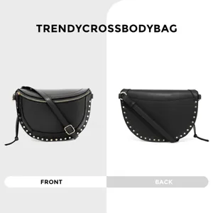 Black crescent crossbody bag featuring metallic studs, front and back detail view.