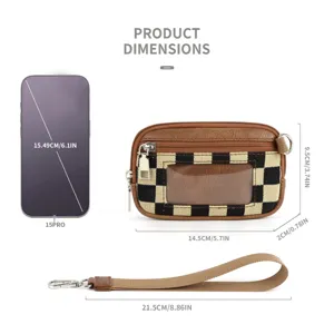 Porte-cartes PVC à carreaux avec dragonne pochette monnaie portefeuille zippé chic