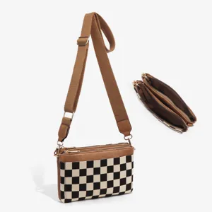Women Canvas Checkerboard Crossbody Bag Colorblock PU Leather Shoulder Bag Multi Pocket Casual Handbag Daily Purse
