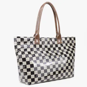 Fashion vintage checkerboard tote bag with brown handles, transparent PVC large capacity.