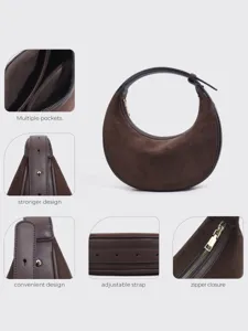Brown suede crescent bag detail, multiple pockets, adjustable strap, trendy dumpling purse.