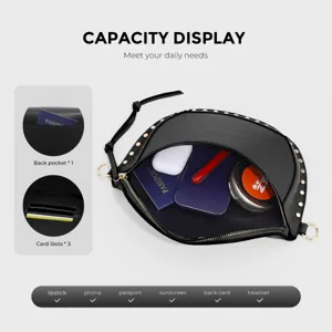Black crescent crossbody bag interior capacity display with card slots and zipper pocket details.
