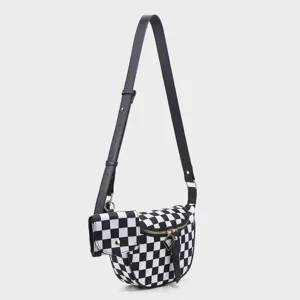 Black and white checkerboard pattern detail of the nylon crossbody waist bag with strap.