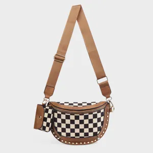 Trendy women checkerboard crossbody chest bag with small earphone pouch canvas waist bag.