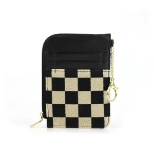 Vintage checkerboard card holder wallet with zipper coin pocket and metal key ring.