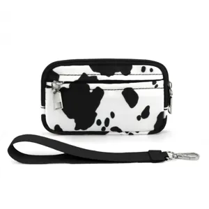 Black and white cow print pouch with wrist strap, portable zipper coin purse and card wallet.