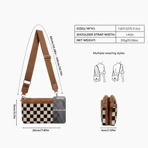Canvas checkerboard crossbody bag size reference chart with full dimensions and weight details.