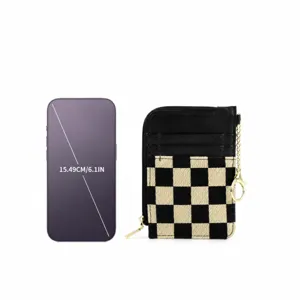 Card holder product dimension detail view showcasing compact size, card slots and zipper design.