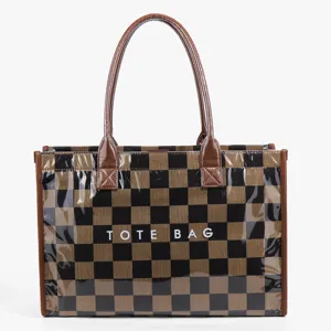 Classic black brown checkered PVC tote bag with double handles, spacious and stylish design.