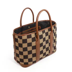 Canvas checkered tote bag for women large capacity shoulder bag stylish brown handbag.
