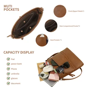 Vintage brown PU leather multi-pocket shoulder bag with spacious capacity and compartments.