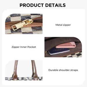 Retro checkerboard shoulder bag detail view with metal zipper, inner pocket and straps.