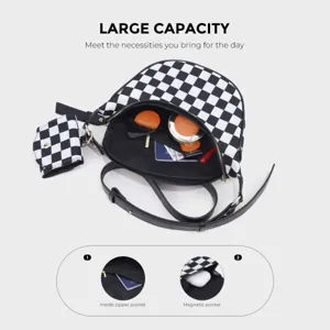 Black and white checkerboard nylon crossbody bag featuring detachable mini earphone pouch detail.
