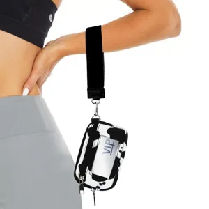 Black and white cow print wrist pouch with clear PVC card holder and black strap.