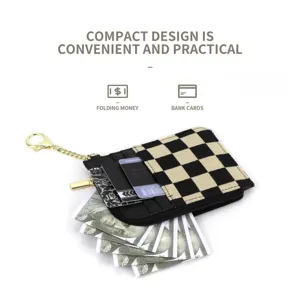 Retro checkerboard card holder wallet with zipper, key ring, and compact design style.