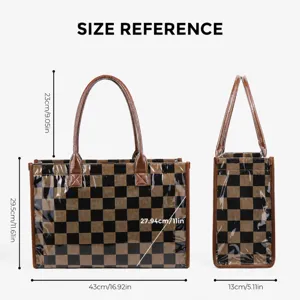 Large capacity check tote bag with handles, brown and black checkerboard pattern design.