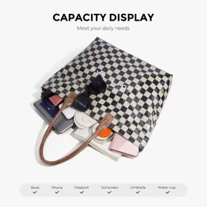 Transparent PVC checkerboard tote bag, large capacity fashion commuter shoulder shopping bag.