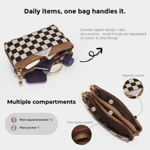 Canvas checkerboard multi-compartment handbag detail view showing double zippers and pockets.