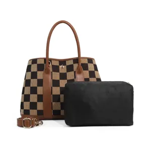 Canvas checkered tote bag set featuring large capacity design with pouch and shoulder strap.