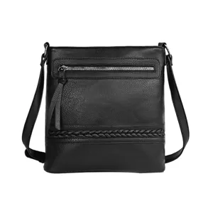 Black women's crossbody shoulder bag with zipper pocket and braided detail for daily use.