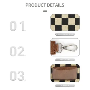 Detail du porte-cartes à motif damier montre texture tissu, anneau métal et fenêtre ID.