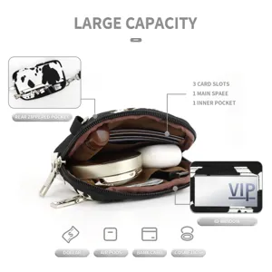 Portable cow print coin purse wrist bag with card slots and transparent ID window design.