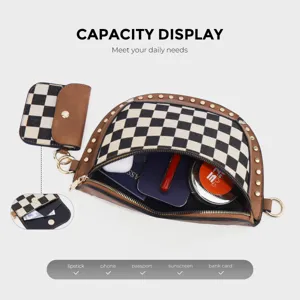 Capacity detail view of checkerboard canvas chest bag showing storage space and pouch.