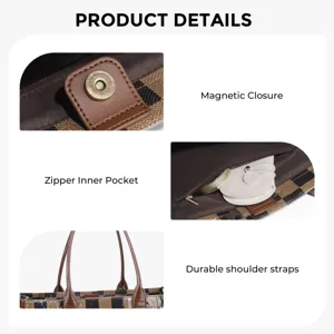 Black brown checkerboard tote bag detail showing magnetic closure and zipper inner pocket.