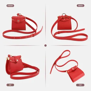 Detailed view of the red mini PU leather shoulder bag and waist pouch with thin strap.