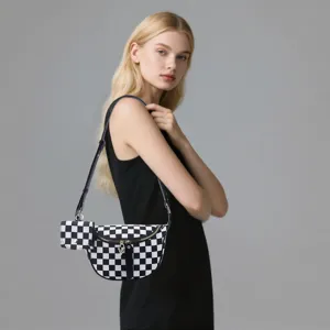 Black and white checkerboard nylon crossbody chest waist bag with small pouch for women daily.