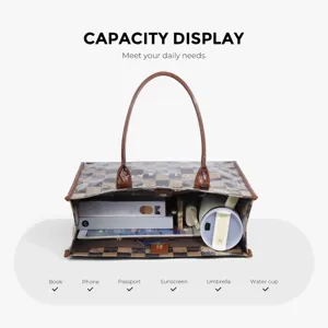 Large capacity checkered PVC tote bag, dual shoulder handles, detailed interior view.