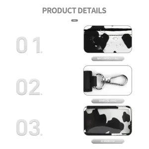 Portable cow print transparent PVC card holder with wristlet strap, waterproof ID window design.