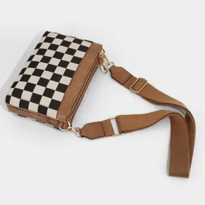 Stylish canvas checkerboard crossbody bag featuring brown PU trim and wide shoulder strap
