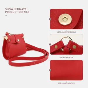 Details of the mini PU leather crossbody bag, featuring metal magnetic buckle and gold hardware.