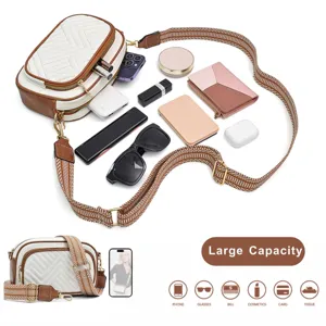 Crossbody bag for women with wide strap, quilted PU leather shoulder bag, large capacity purse.